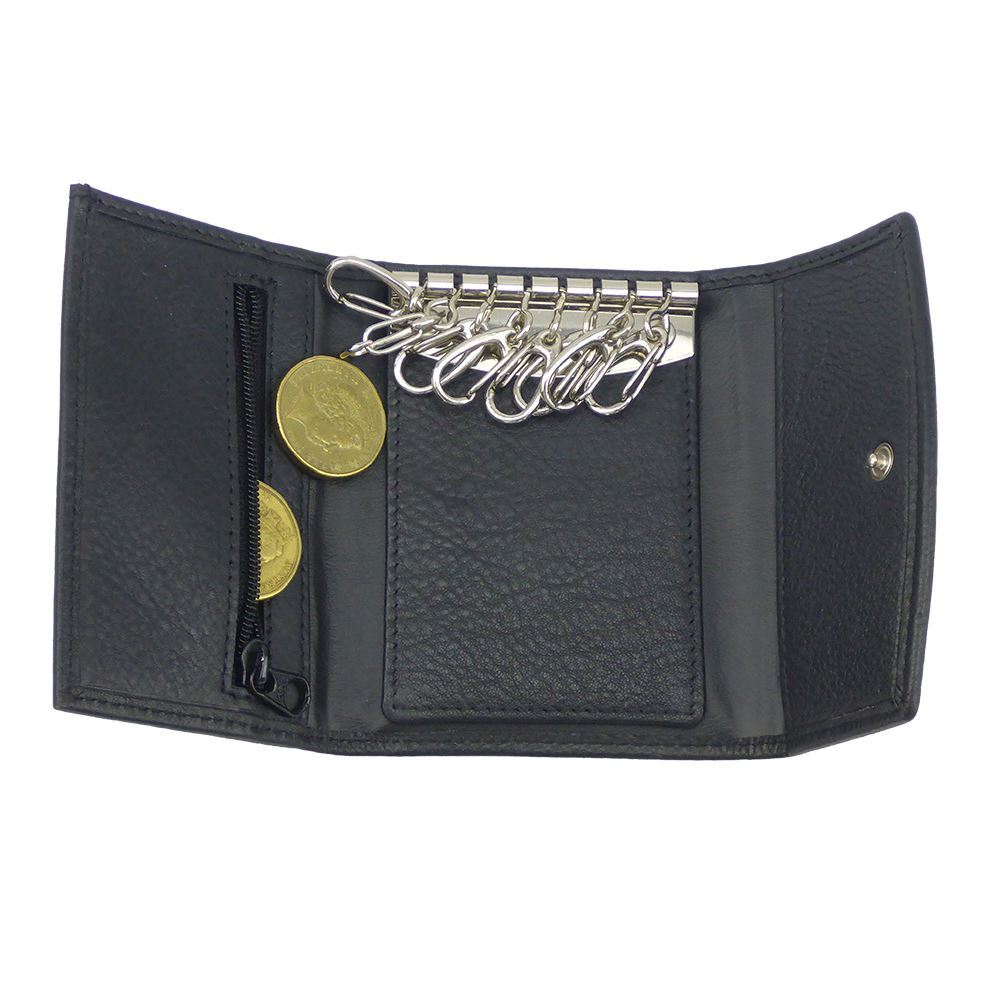 Genuine Full Grain Leather Key Holder Case 8 Keys Wallet Black 079K8