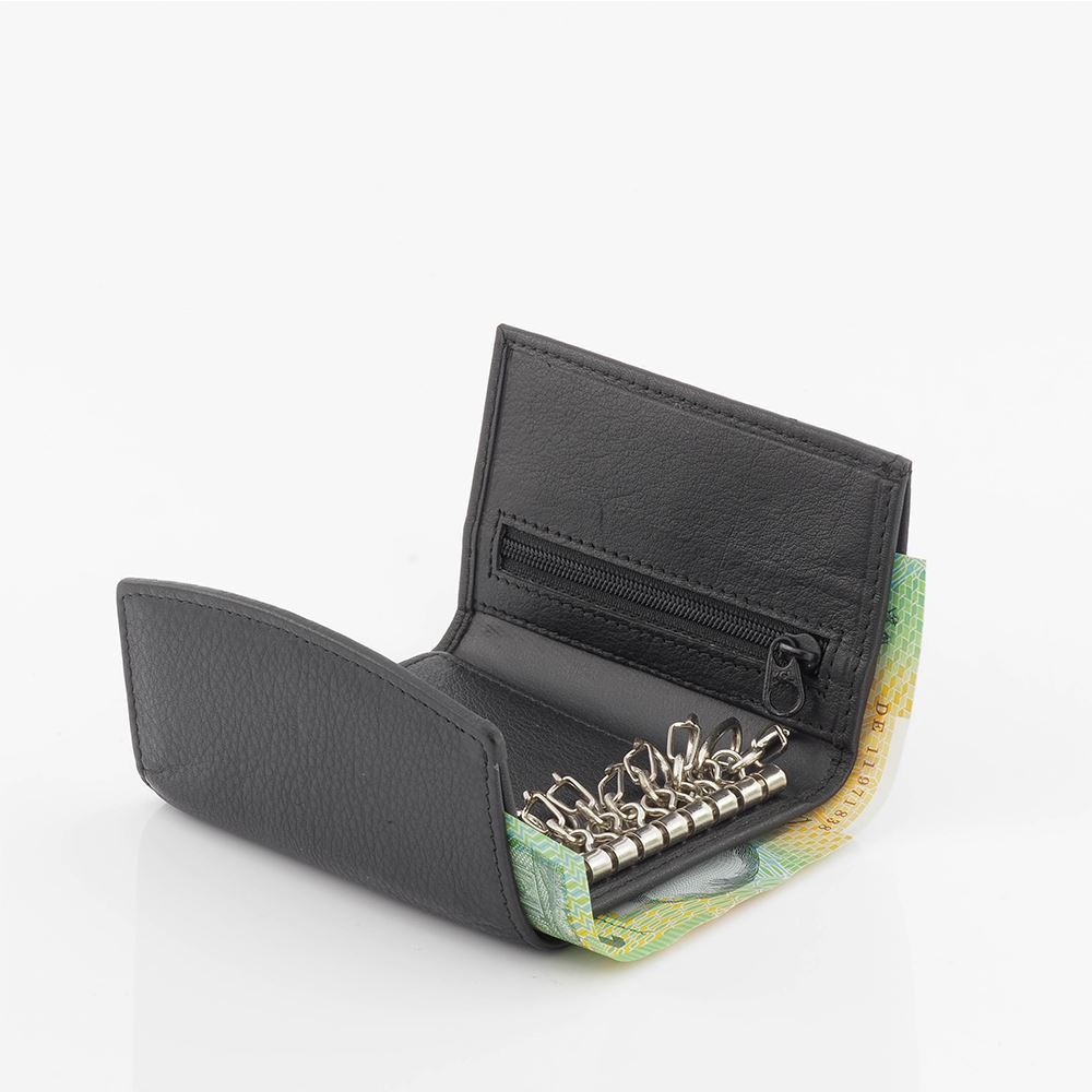 Genuine Full Grain Leather Key Holder Case 8 Keys Wallet Black 079K8