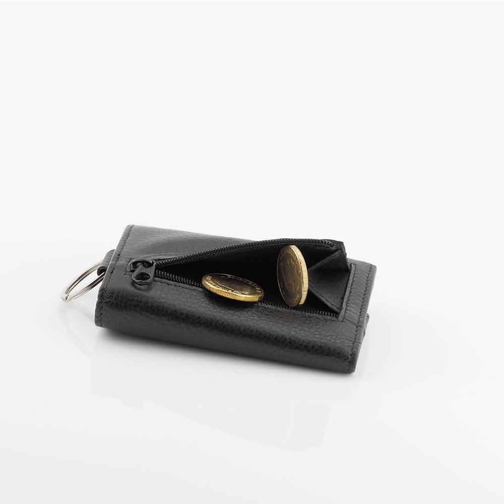 Genuine Full Grain Leather Key Holder Case 6 Keys Wallet Black