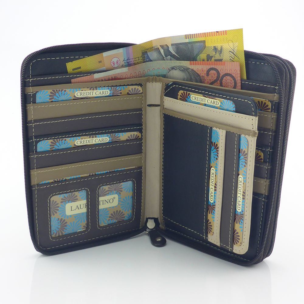 Leather Double Zip Multi Colour RFID Protected Wallet / Purse