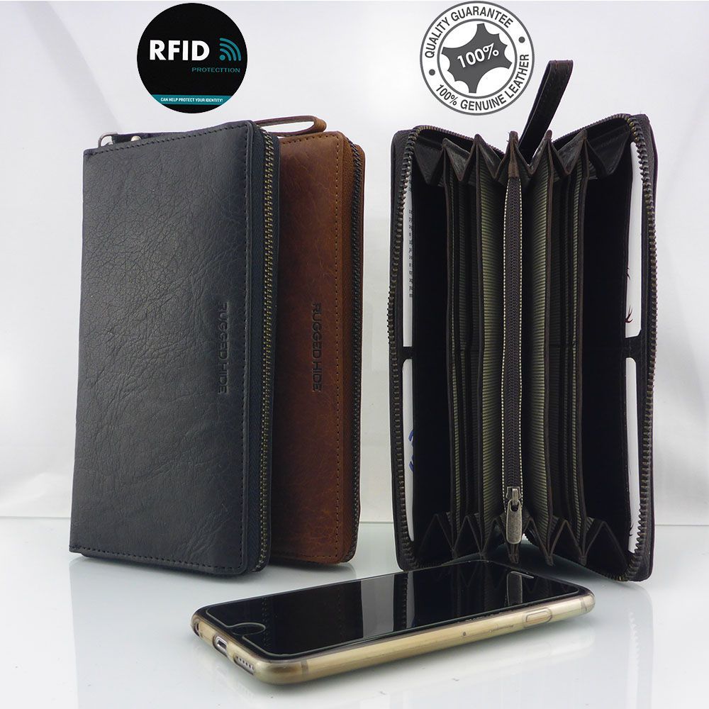 RFID Unisex Rugged Hide Leather Long Zip Wallet