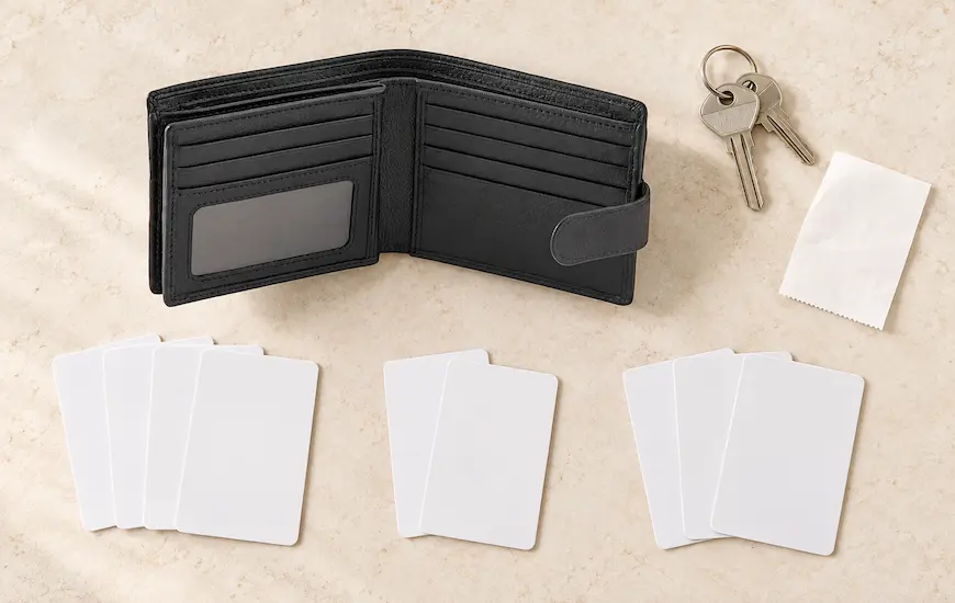 Cards sorted into daily, occasional and remove groups beside an open leather wallet