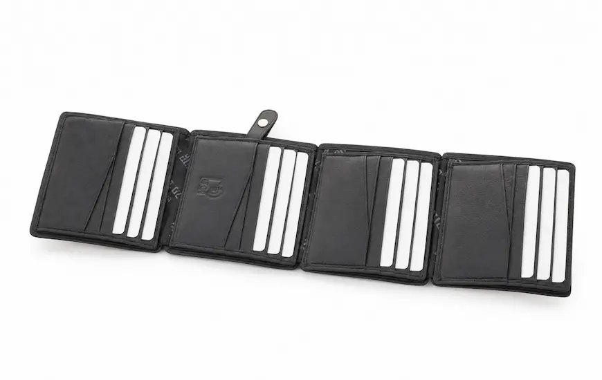 Open Bli Bli leather wallet showing multiple fold-out card-slot panels