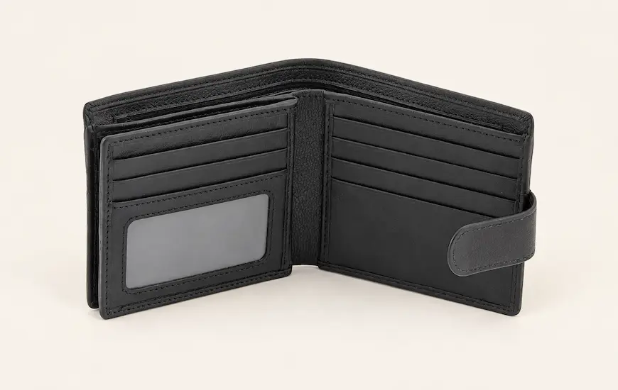 Open Upscale black leather wallet showing its card slots and ID window